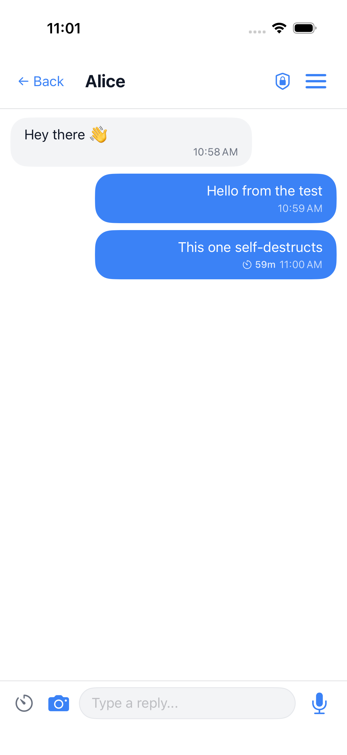 A KryoChat conversation with a self-destruct timer