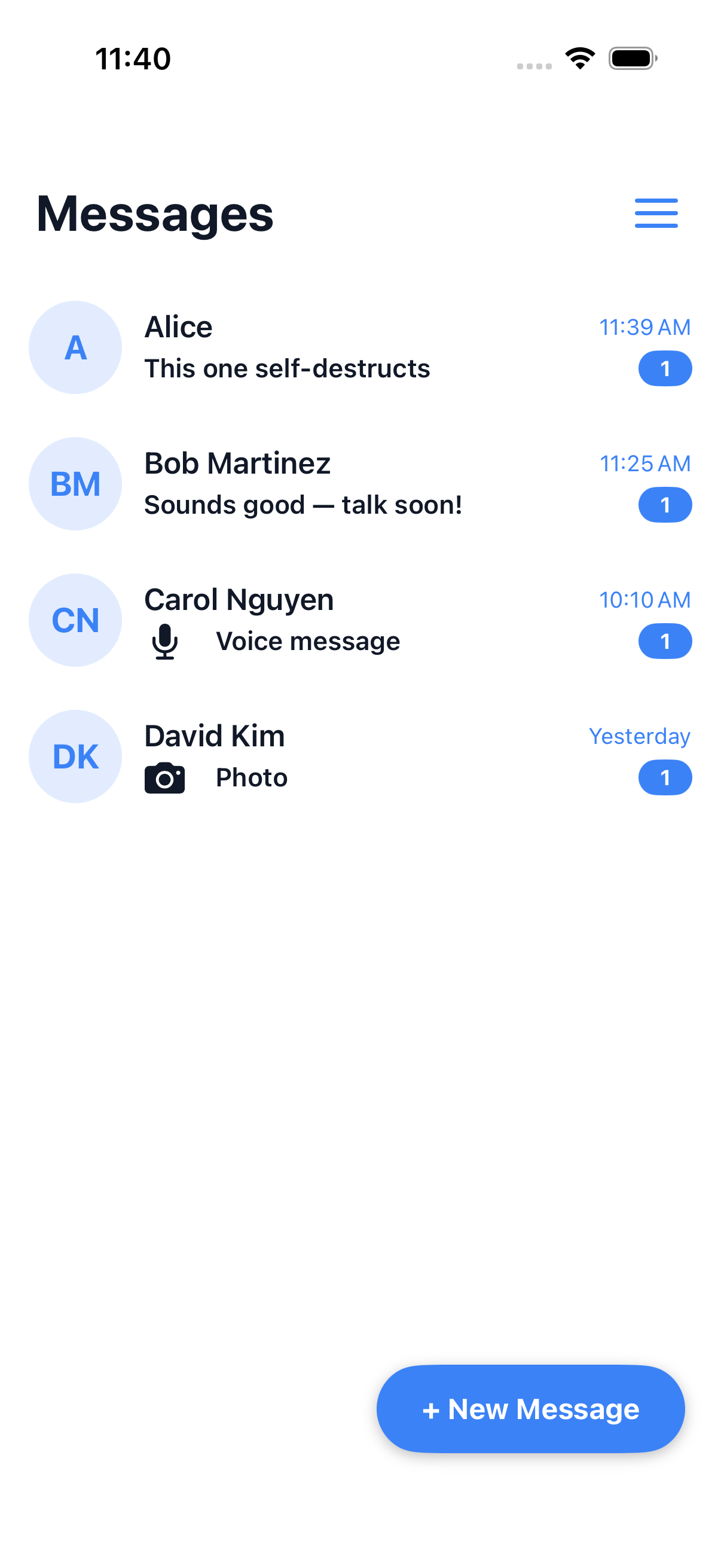 KryoChat Messages list with several conversations